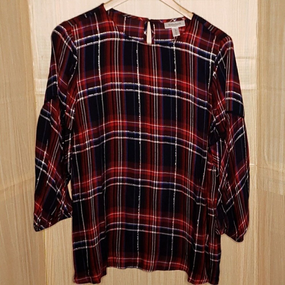 Motherhood Maternity Womens Red Plaid Silver Sparkle Flowy Tunic Tie Belt XL